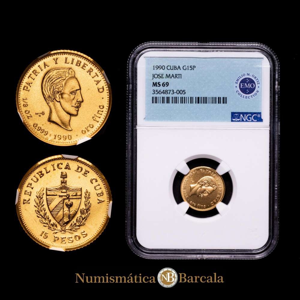 CUBA, Casa de la Moneda de La Habana, 15 pesos de oro, 1990, José Martí, NGC MS 69 Ultra Cameo. KM-212; Fr-23. Acabado esmerilado perfecto, de una tirada reportada de solo 15 piezas.
