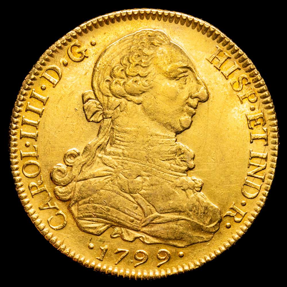 CARLOS IV. 8 escudos. 1799. Santiago. DA. AU 26,97 g. 37,7 milímetros. VI-1423; AC-1765. Restos de brillo original. MBC+.
