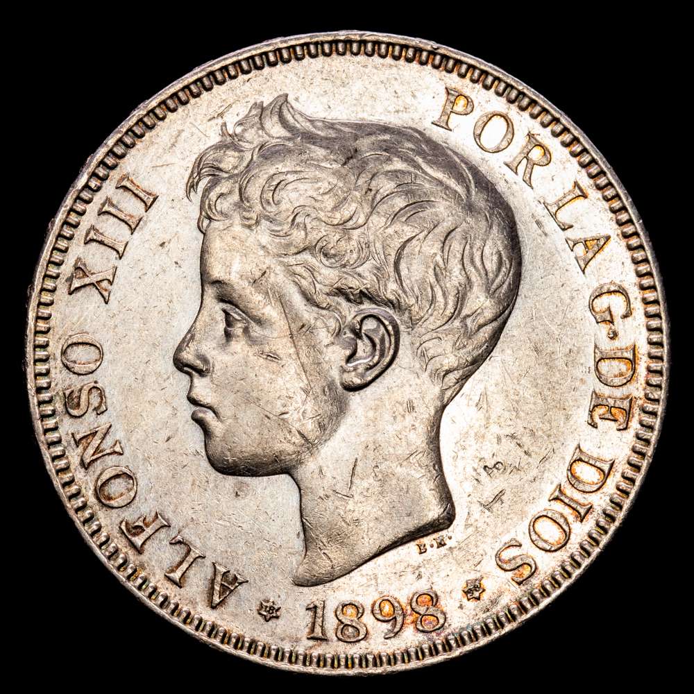 Alfonso XIII. 5 Pesetas. (25,37 g.). Madrid. 1898 *18-98*. SG·V. AC-109. Brillo original. Marquitas. EBC+.