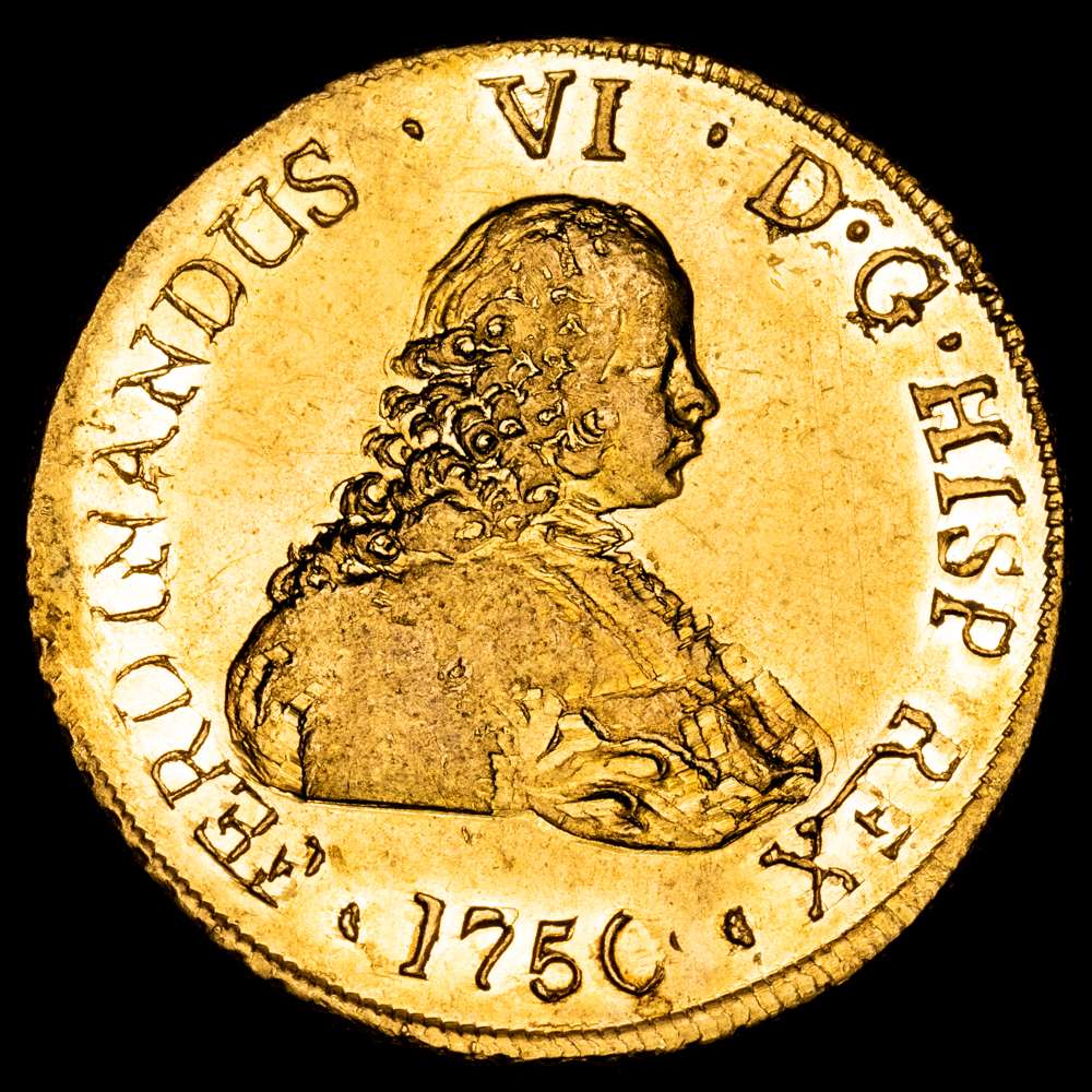 Santiago de Chile, busto de oro de 8 escudos, Fernando VI, 1750 J, (27,08 gramos). (AC. 822) (Cal.Onza 642). KM-3. Buen brillo. UNC-.