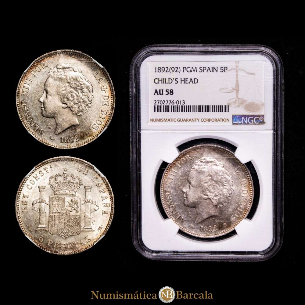 Alfonso XIII. 5 Pesetas. Madrid. 1892*18-92*. Ensayador PG·M. (Cal-100),Encapsulado por NGC AU58