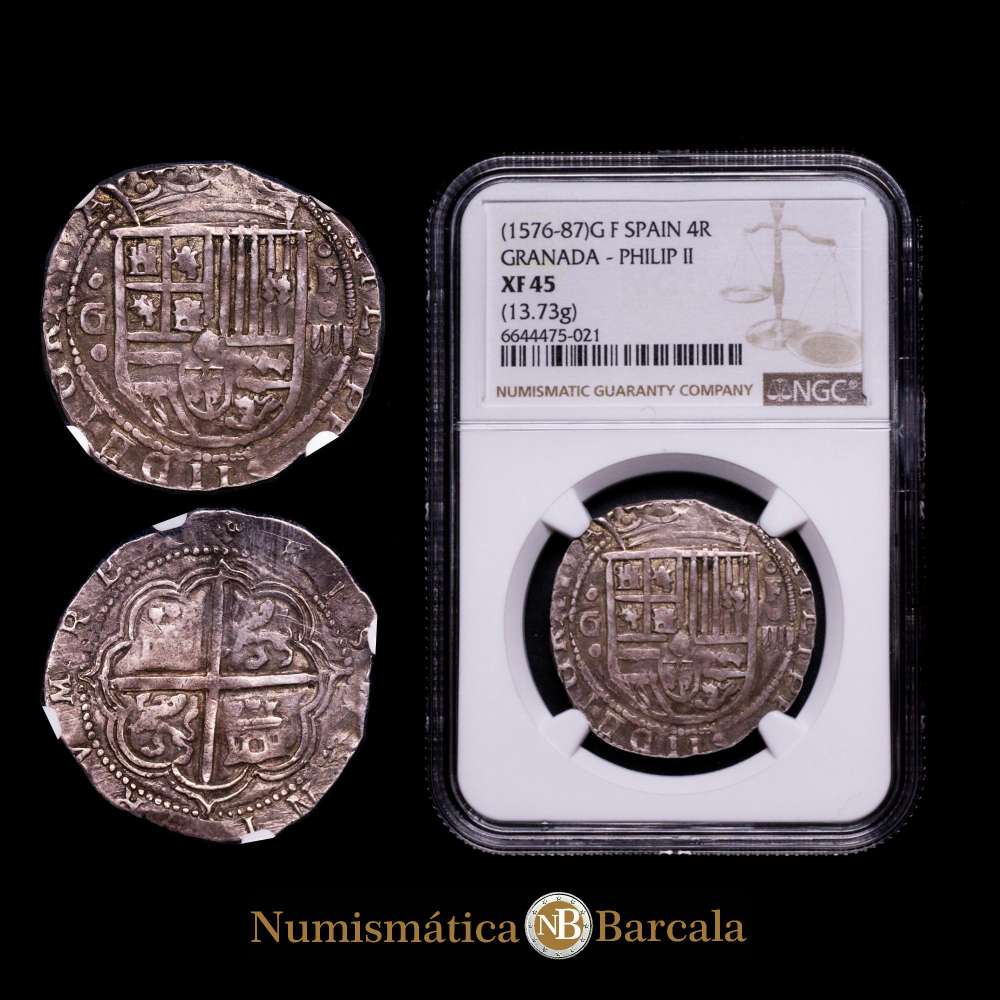 Felipe II (1556-1598). 4 reales. Granada. F. (Cal-484). Ag. 13,73 g.. Preciosa pátina de monetario. Escasa. Encapsulada por NGC como XF-45.