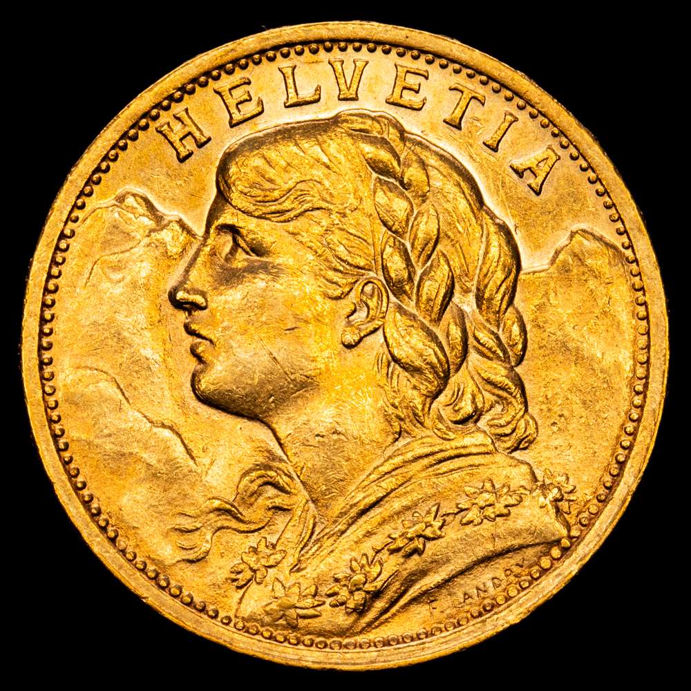 Suiza – 20 francos de oro. Acuñada en Berna (Suiza), 1899. 20 FR · L 1899 B (6,45 g, 21 mm). Oro (0,900) KM 35. Tirada: 300 000. ¡Casi sin circular! Conserva parte de su brillo original.