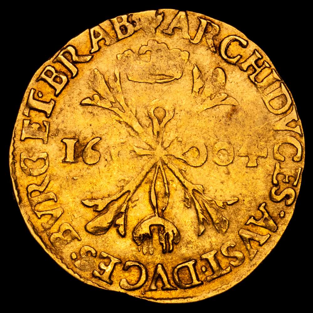 Alberto e Isabel (1598-1621). Doble albertín. 1604. Ámberes. (Tauler-626). (Vti-446). (Vanhoudt-582.AN). Au. 5,09 gramos. Escasa. MBC+.