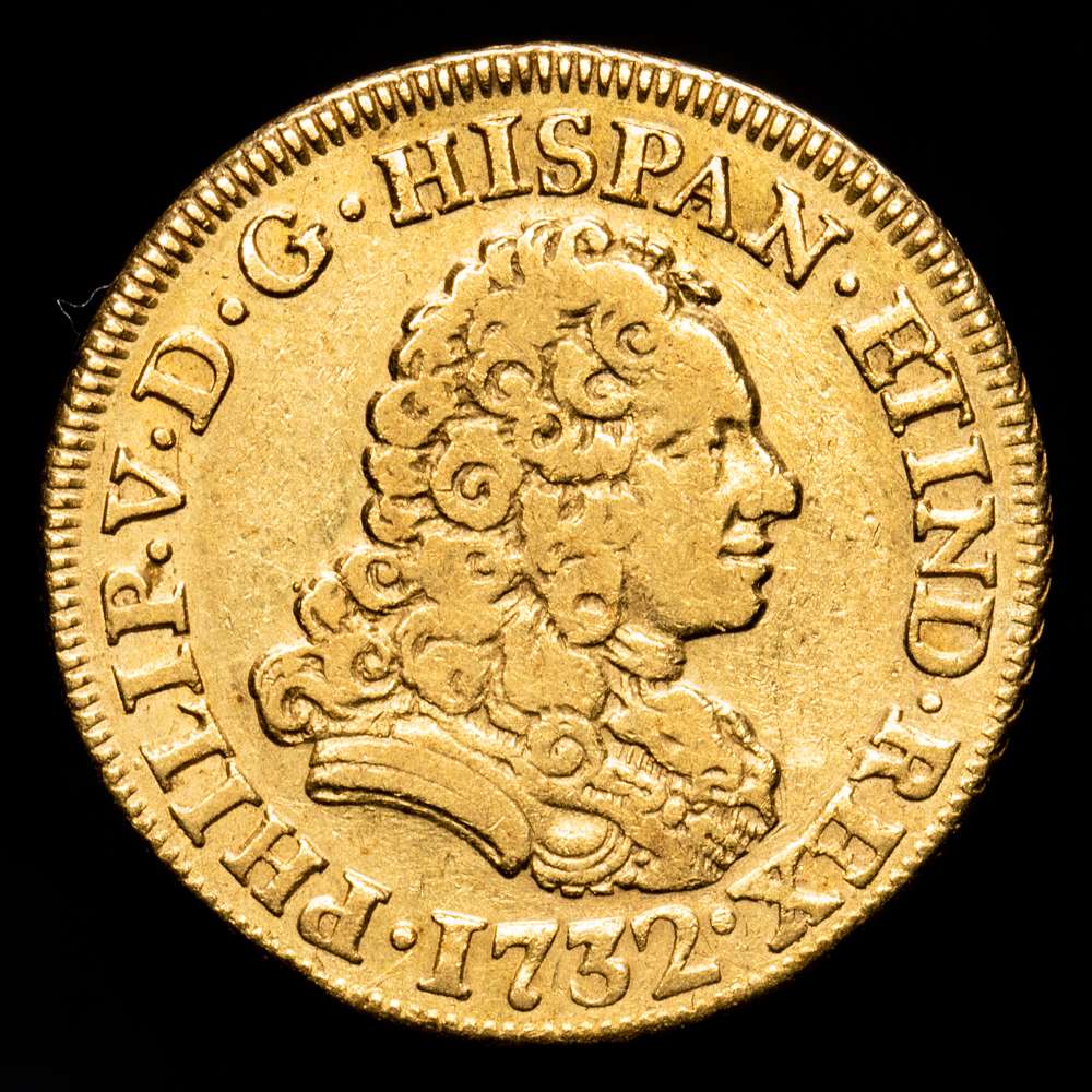 Felipe V. 2 Escudos. (6,67 g.). Madrid. 1732. J·F. AC-1869. MBC. Leyenda del reverso sin puntos. Cy9722vte. MBC+. Muy rara.