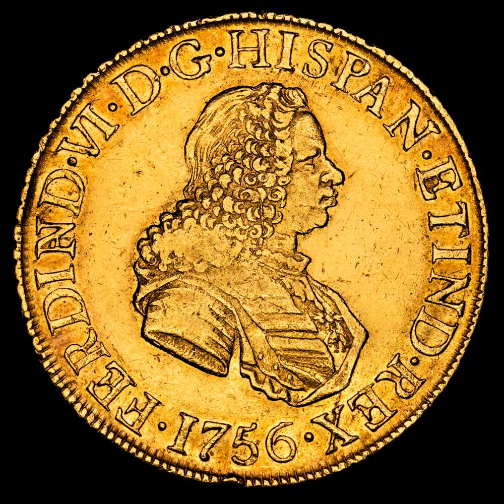 Fernando VI (1746-1759). 8 escudos. 1756. Lima. JM. (Cal-771). (Cal onza-584). Au. 26,93 gramos. Punto sobre el monograma LMA. Restos de brillo originales. Rara. EBC-/MBC+.