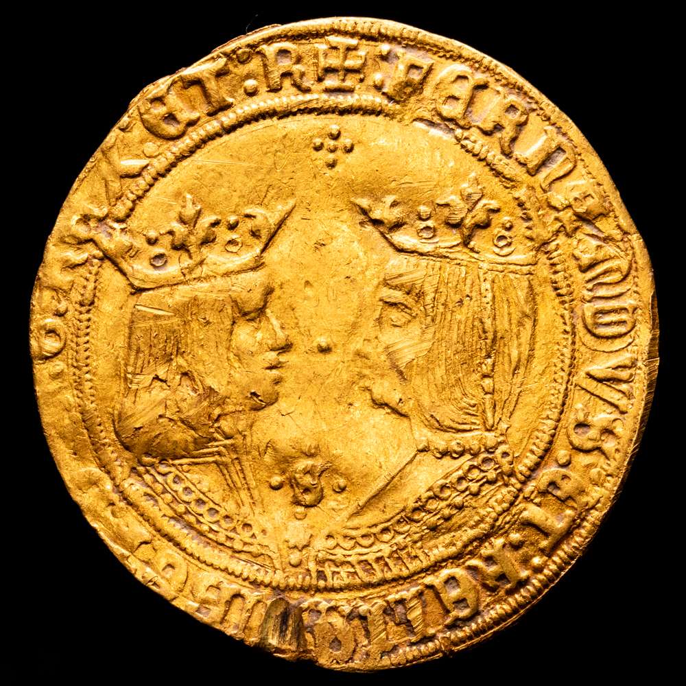Fernando e Isabel (1474-1504). Doble excelente. Sevilla. (Cal-732). (Bautista-2223). Au. 7,01 g. MBC+. Escasa.
