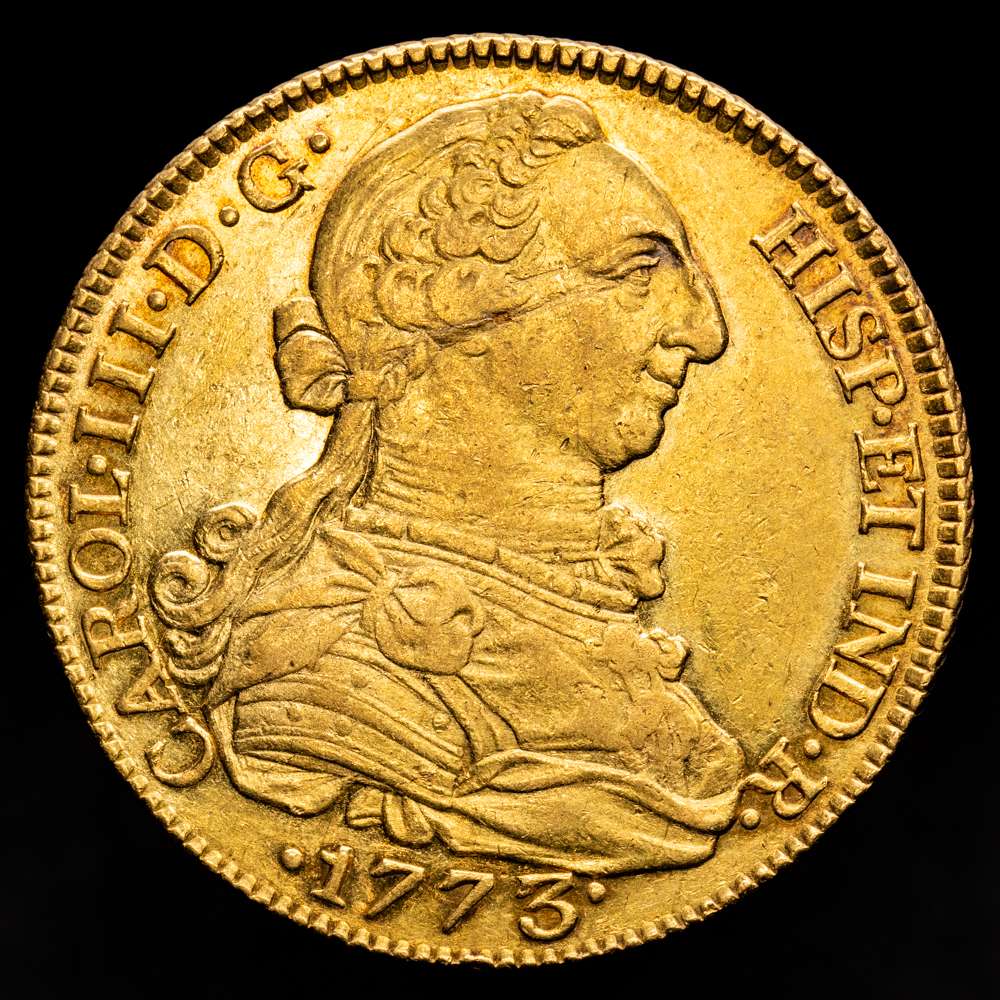Carlos III (1759-1788). 8 escudos. 1773. Madrid. PJ. (Cal-1958). (Cal onza-722 var). Au. 27,01 gramos. Punto entre ensayadores. EBC/SC-. Escasa.