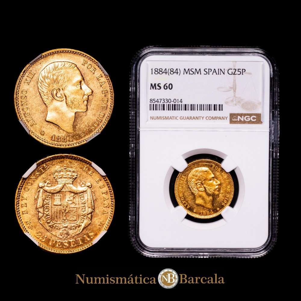 Centenario de la Peseta (1868-1931). Alfonso XII (1874-1885). 25 pesetas. 1884*18-84. Madrid. MSM. (Cal-89). Au. 8,07 gramos. Brillo original. Escasa. Encapsulada por NGC como MS-60.