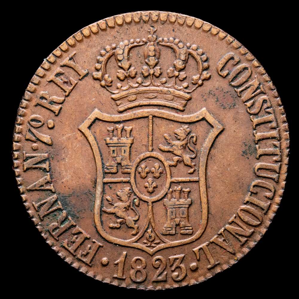 Fernando VII (1808-1833). 3 cuartos. 1823. Cataluña. (Cal-15). Ae. 7,31 gramos. MBC+.