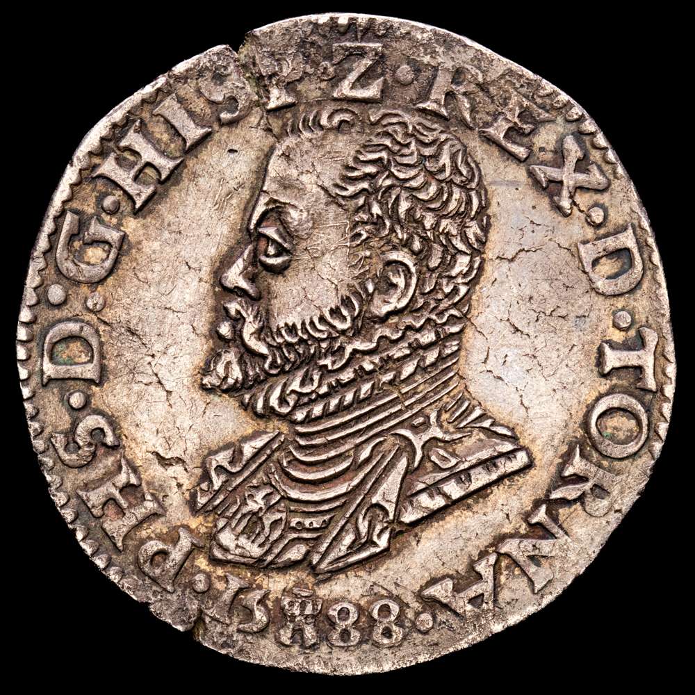 BRABANTE. 1/2 Escudo Felipe II. 1588.Tournai. 17,01 grs. Vti 1071- Vanhoudt 364 TO. Muy buen ejemplar con una preciosa pátina de monetario antiguo. Bellísima. Muy rara y más así. EBC+.