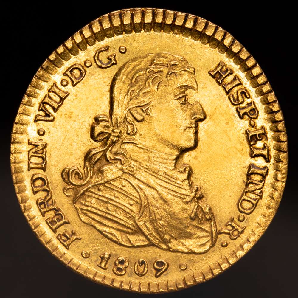 Fernando VII (1808-1833). 1 escudo. 1809. México. HJ. (Cal-1511). Au. 3,36 gramos. Busto imaginario. EBC/EBC+. Gran parte del brillo original. Rara.