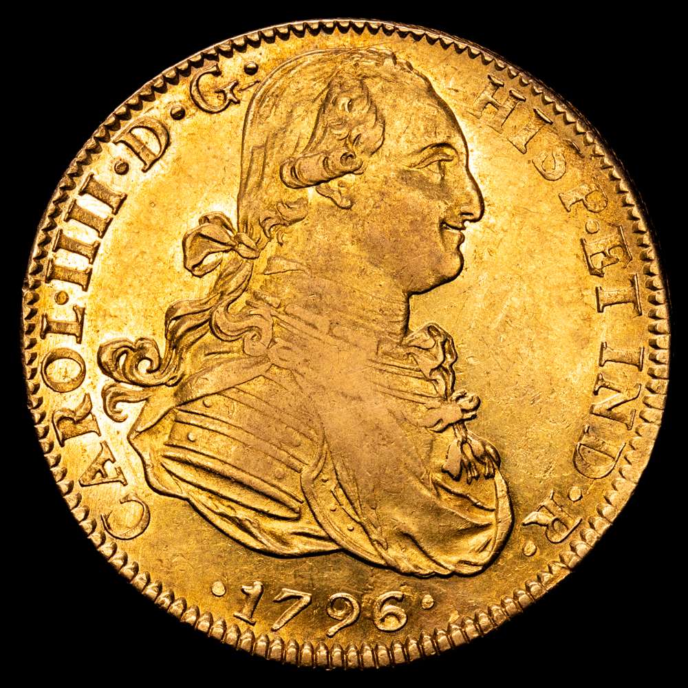 Carlos IV (1788-1808). 8 escudos. 1796. México. FM. (Cal-1636). (Cal onza-1027). Au. 27,06 gramos.  36,2 mm.  Parte de brillo original. EBC-.