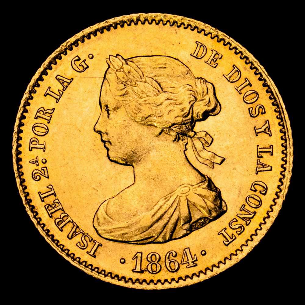 Isabel II (1833-1868). 40 reales. 1864. Madrid. (Cal-686). Au. 3,35 gramos. Parte del brillo original. EBC-.