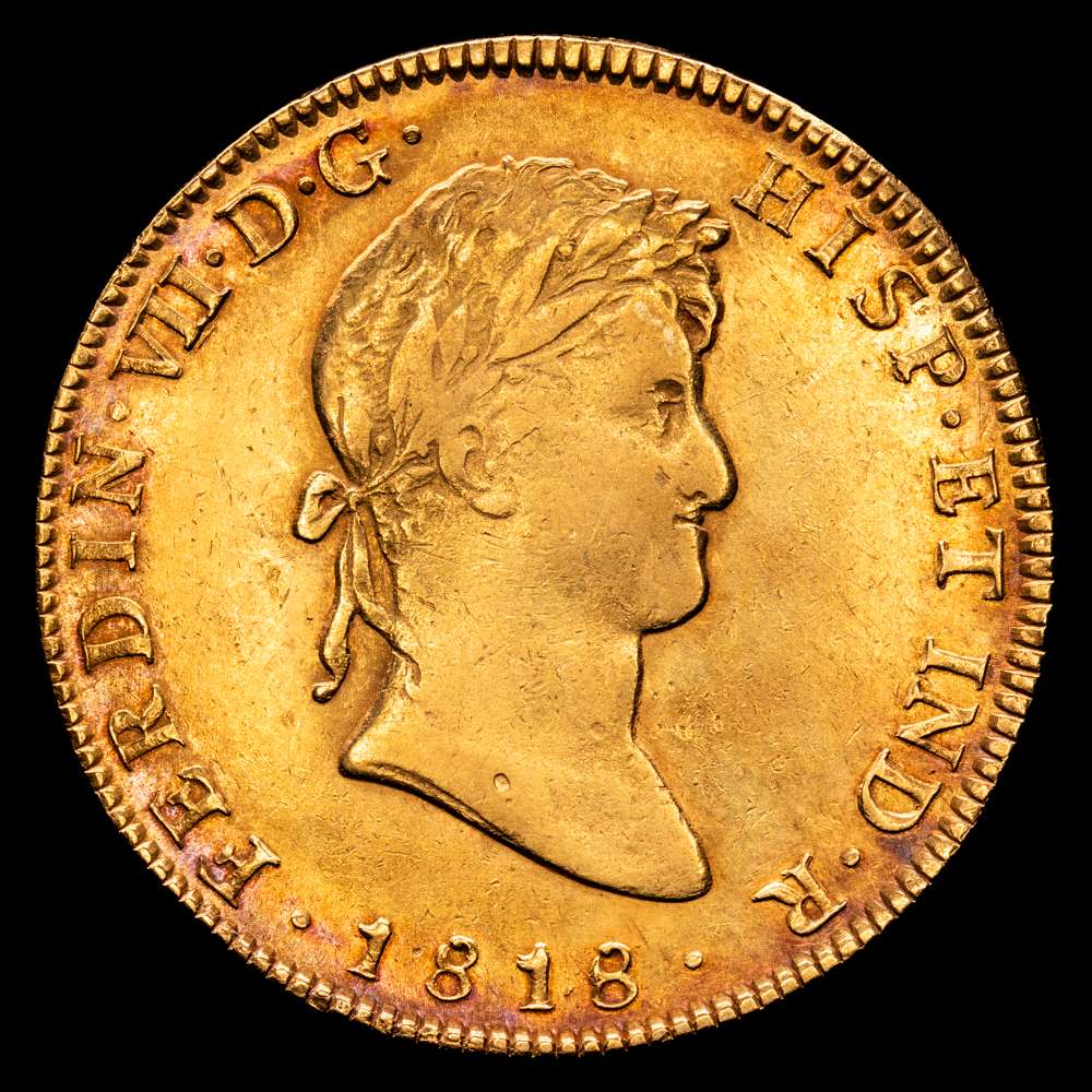Fernando VII. 8 Escudos. (27,01 g.). México. 1818. J·J.(AC. 1797) (Cal.Onza 1269). Bonita pátina. MBC+.