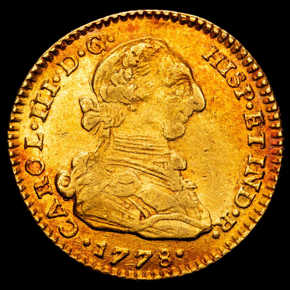 Carlos III. 2 Escudos. 1778. Santa Fe de Nuevo Reino. J.J. 6,72 grs. Pátina irisada irregular. (AC. 1697) (Restrepo 61-15). MBC+.