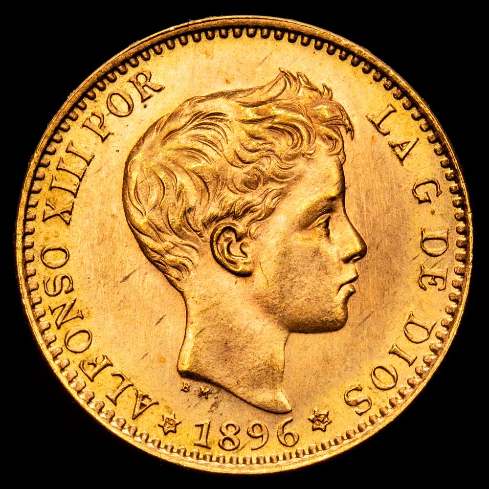 Estado Español (1936-1975). 20 pesetas. 1896*19-62. Madrid. MPM. (Cal-173). Au. 6,45 gramos. Reacuñación oficial.  Brillo original. SC.