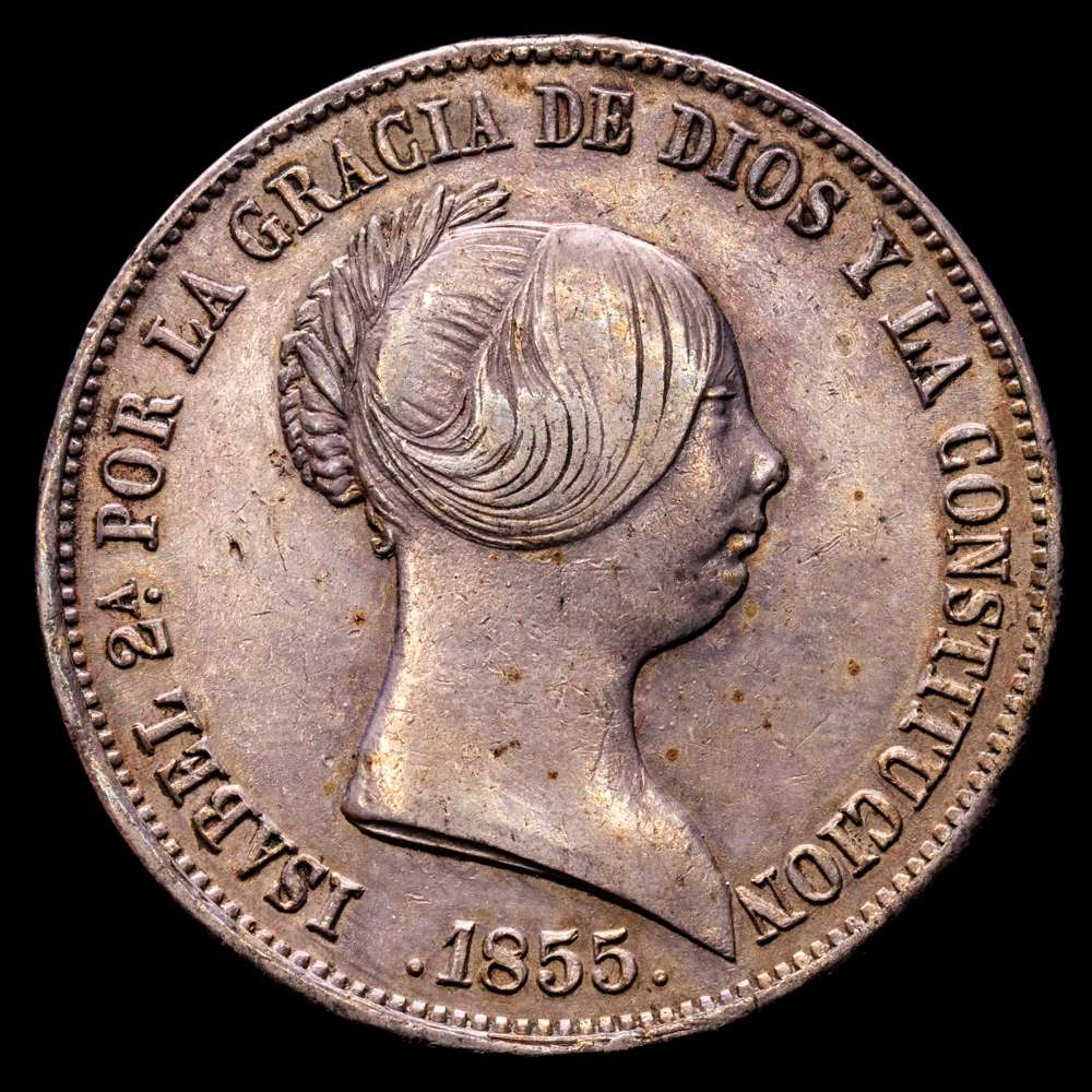Isabel II (1833-1868). 20 reales. 1855. Sevilla. (Cal-632). Ag. 25,95 gramos. Suave pátina. MBC+. Escasa.