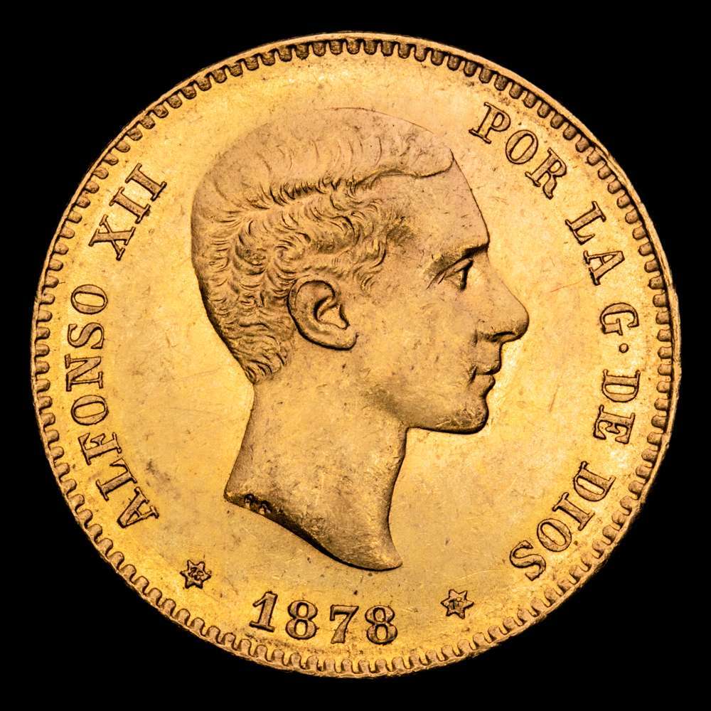 Centenario de la Peseta (1868-1931). Alfonso XII (1874-1885). 25 pesetas. 1878*18-78. Madrid. EMM. (Cal-72). Au. 8,08 g. Gran parte del brillo original. EBC+.