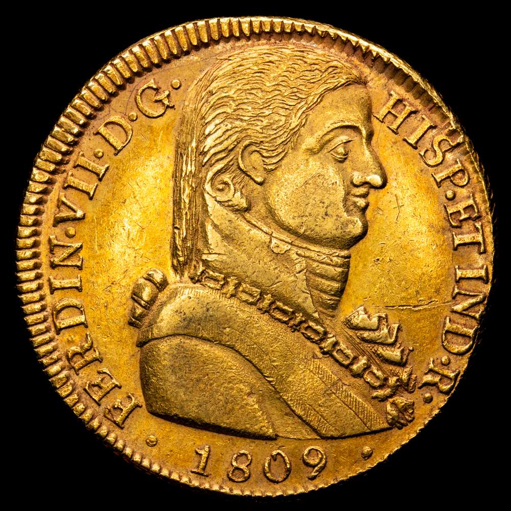 Fernando VII (1808-1833). 8 escudos. 1809. Santiago. FJ. (Cal-1862). Au. 27,05 gr. Busto almirante. Leves marquitas. Bonita tonalidad anaranjada. Buen y atractivo ejemplar. EBC-.
