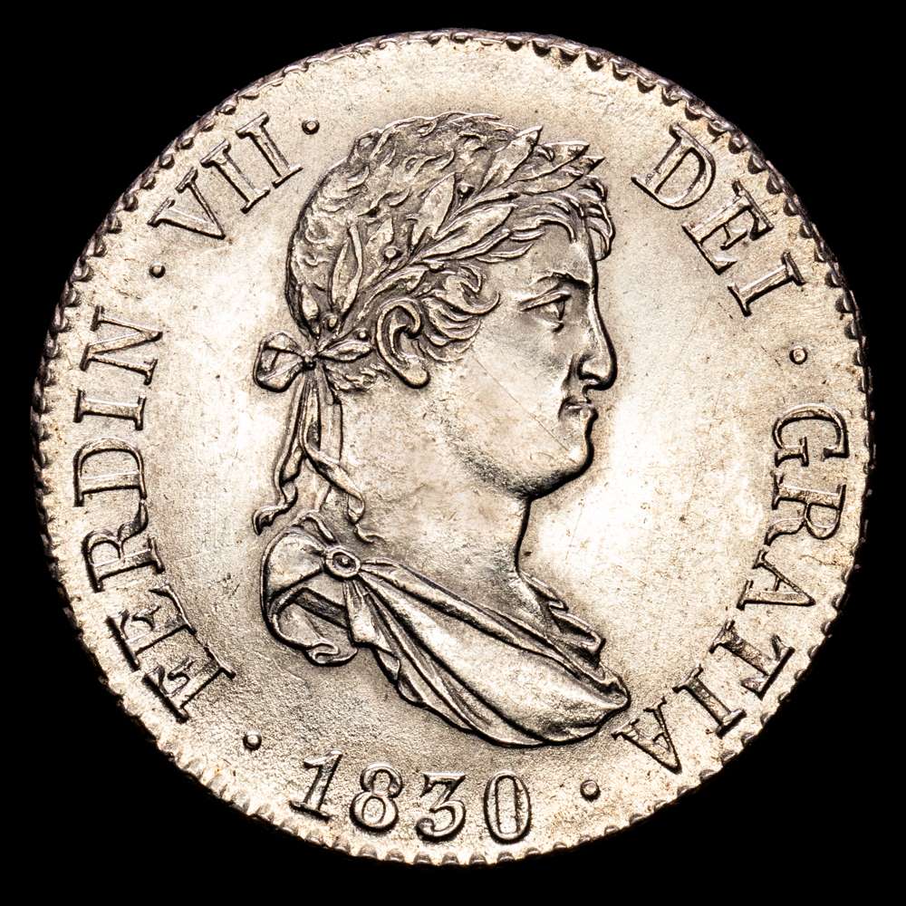 Fernando VII (1808-1833). 2 reales. 1830. Madrid. AJ. (Cal-847). Ag. 5,92 gramos. Parte de brillo original. Precioso ejemplar. Rara en esta conservación. UNC-.