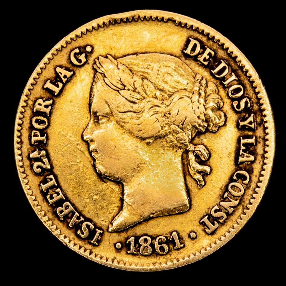 Isabel II (1833-1868). 1 Peso 1861. Manila. (Cal-820). Au. 1,65 gramos. VF+. Escasa.