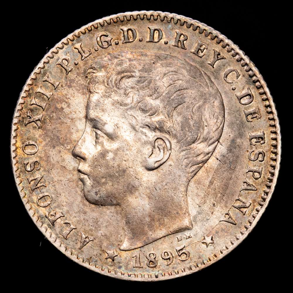 Centenario de la Peseta (1868-1931). Alfonso XIII (1886-1931). 20 centavos. 1895. Puerto Rico. (Cal-126). Ag. 5,05 gramos. Suave pátina. Escasa así. EBC.