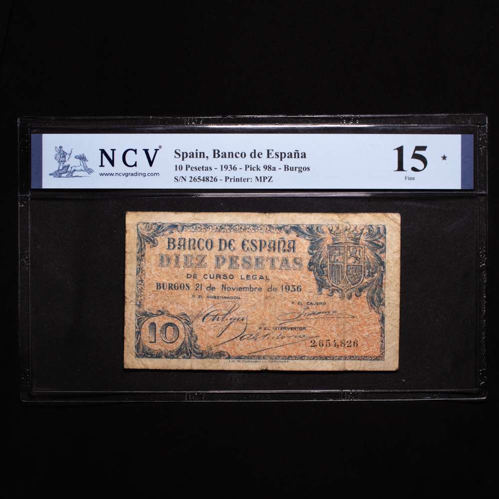 España – Banco de España. 10 Pesetas. Burgos. 1936. MPZ. Pick 98a. 15 Fine. Raro.
