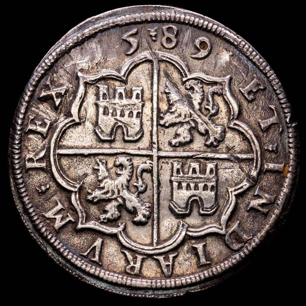 Felipe II (1556-1598). 8 reales. 1589. Segovia. (Cal-713). Ag. 27,05 gramos. Acueducto de 3 arcos y 2 pisos. Rayas. MBC+. Bonita pátina. Rara.