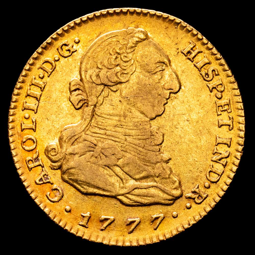 Carlos III (1759-1788). 2 escudos. 1777/6. Madrid. PJ. (Cal-1553). Au. 6,73 gramos. MBC+. Bonito color.