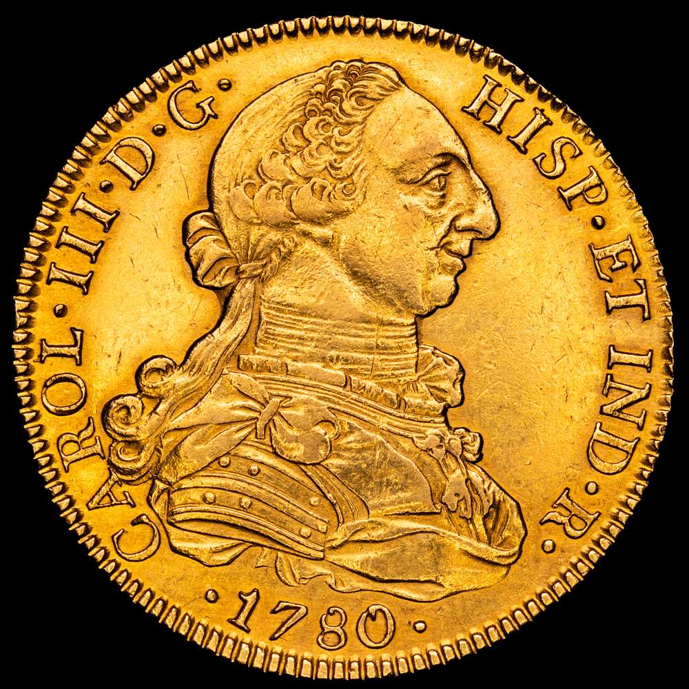 Carlos III. 1780 México. FF. 8 escudos. (AC. 2009) (Cal.Onza 774). Ceca y ensayadores invertidos. 26,92 gramos. MBC+.