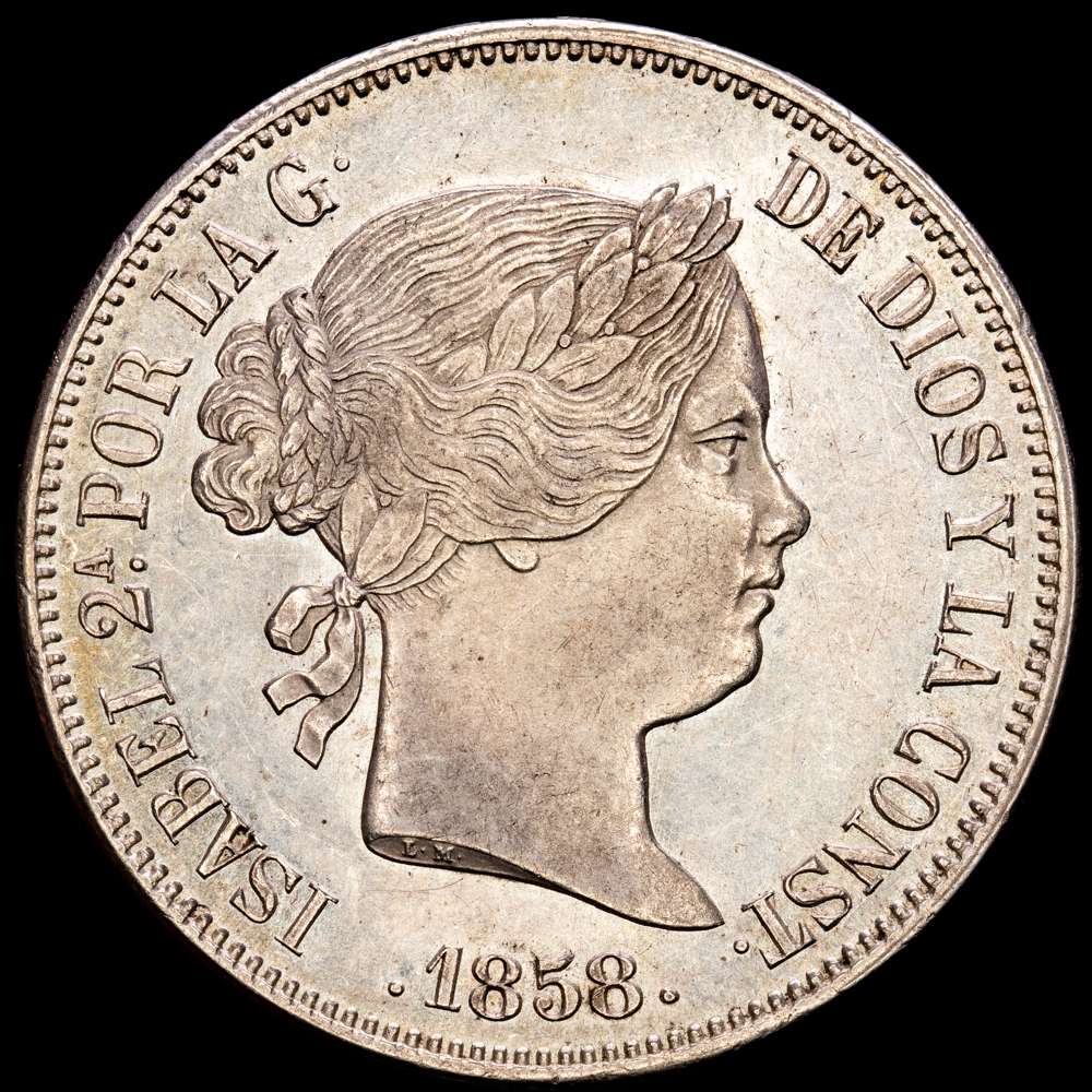 Isabel II. (1833-1868). Madrid. 20 reales. 1858.  (Cal. 615). 26,12 gramos. bella. Pleno brillo original. Escasa así. EBC+.