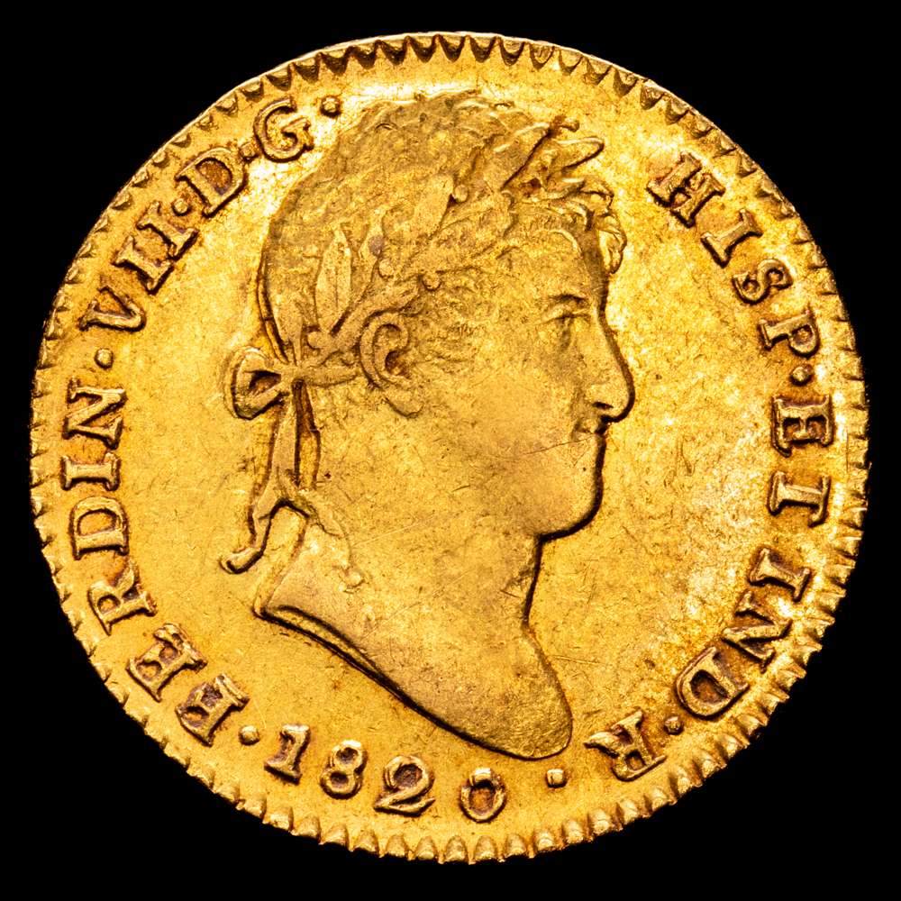 Fernando VII (1808-1833). 2 escudos. 1820. Sevilla. CJ. (Cal-1676). Au. 6,83 gramos. Parte de brillo original. Escasa así. EBC.