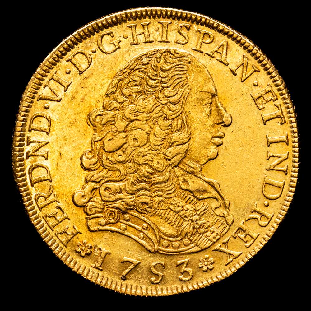 Fernando VI. 1753 Lima. J. 8 escudos. (AC. 766) (Cal.Onza 579). Pequeñas laminaciones en reverso. Rastros de lustre alrededor de leyendas. Atractivo. Muy escaso. 26,95 gramos. EBC-.