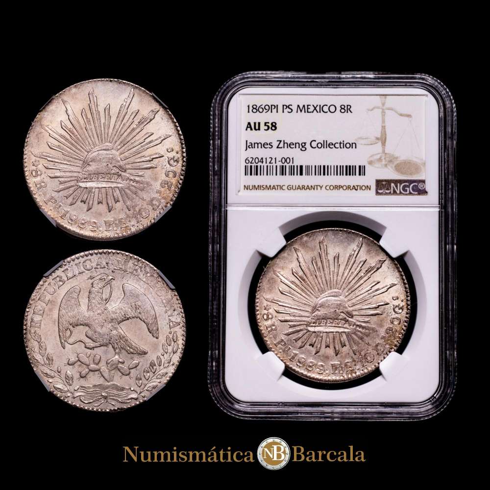 8 Reales de la República de México , 1869 Pi-PS. Encapsulado por NGC como AU58, ceca de San Luis Potosí, KM377.12, DP-Pi57.