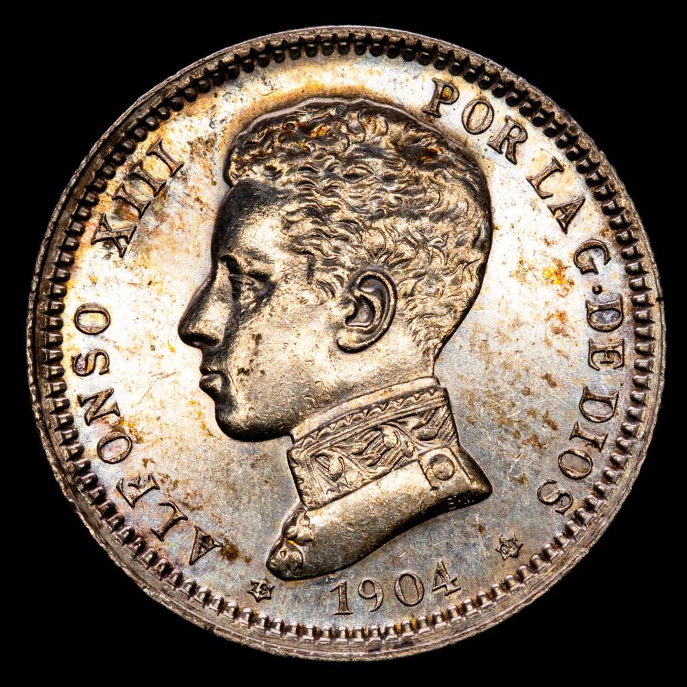 Alfonso XII. 1 Peseta. (3,01 g.). Madrid. 1904 *19-04*. SM·V. (AC-69). Cero partido. Pleno brillo original. SC. Suave pátina.
