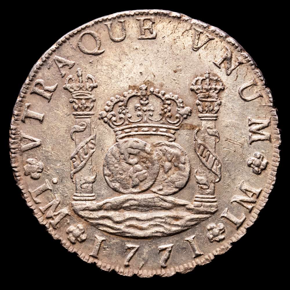 Carlos III (1759-1788). 8 reales. 1771. Lima. JM. (Cal-1032). Ag. 26,89 gramos. Punto sobre la primera LMA. Restos de brillo original. XF.