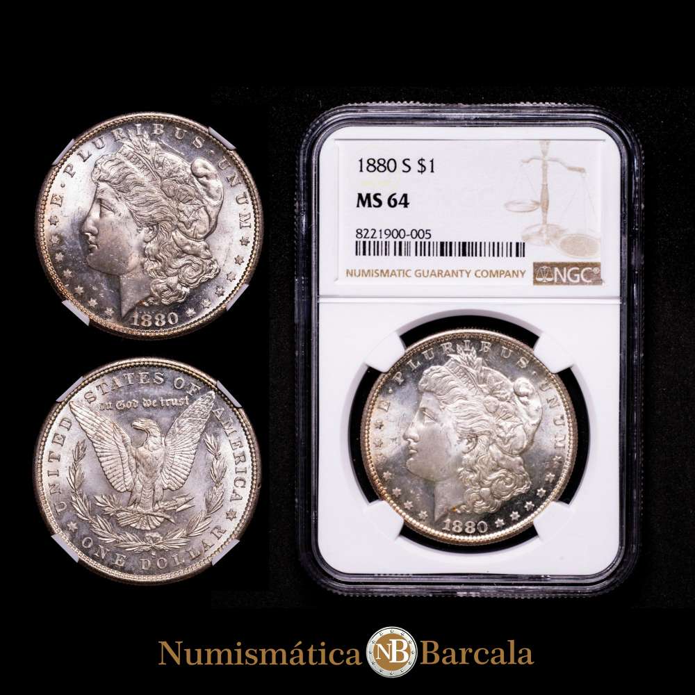 Estados Unidos.1 Dólar. 1880  “Dólar Morgan” Plata (.900) Casa de la Moneda de San Francisco. 26,73 g. Ligeramente tonificado. Brillo original. Encapsulado por NGC como MS 64. KM 110.