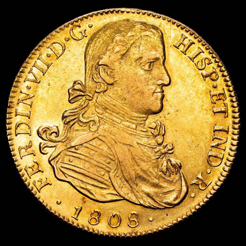 Fernando VII (1808-1833). 8 escudos. 1808. México. TH. (Cal-1781). (Cal onza-1251). Au. 27,01 gramos. Busto imaginario.  Excelente ejemplar. Conserva gran parte de su brillo original. EBC.