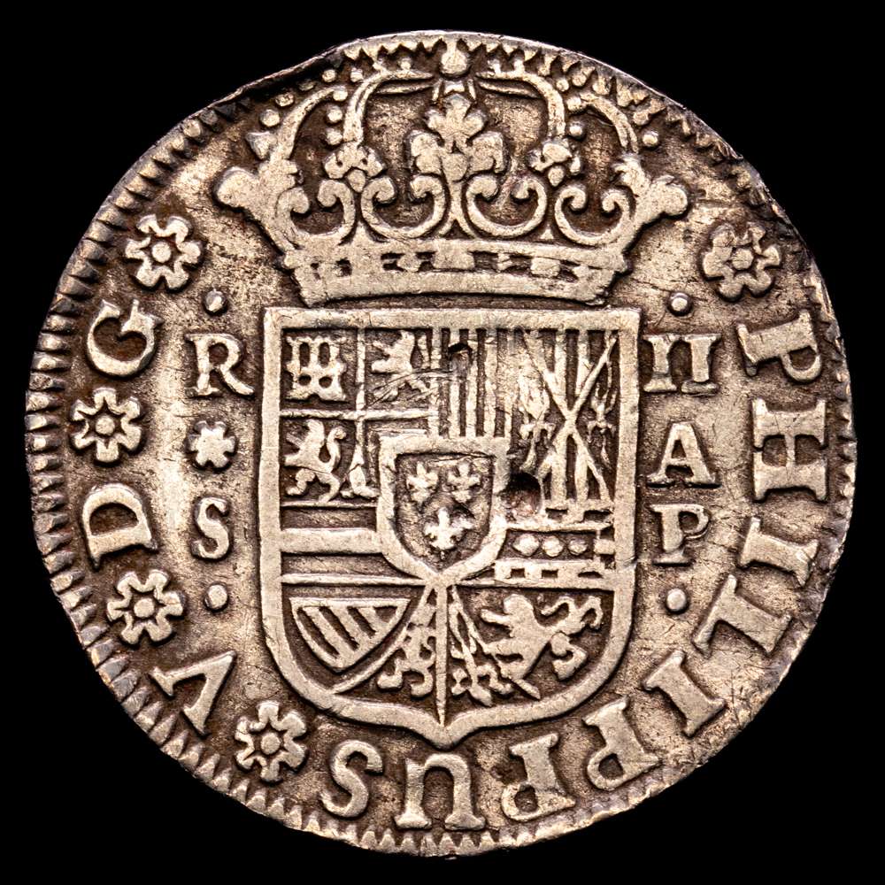 Felipe V. 1735. Sevilla. AP. 2 reales. (AC.992). Muy escasa. 5,47 gramos. MBC.