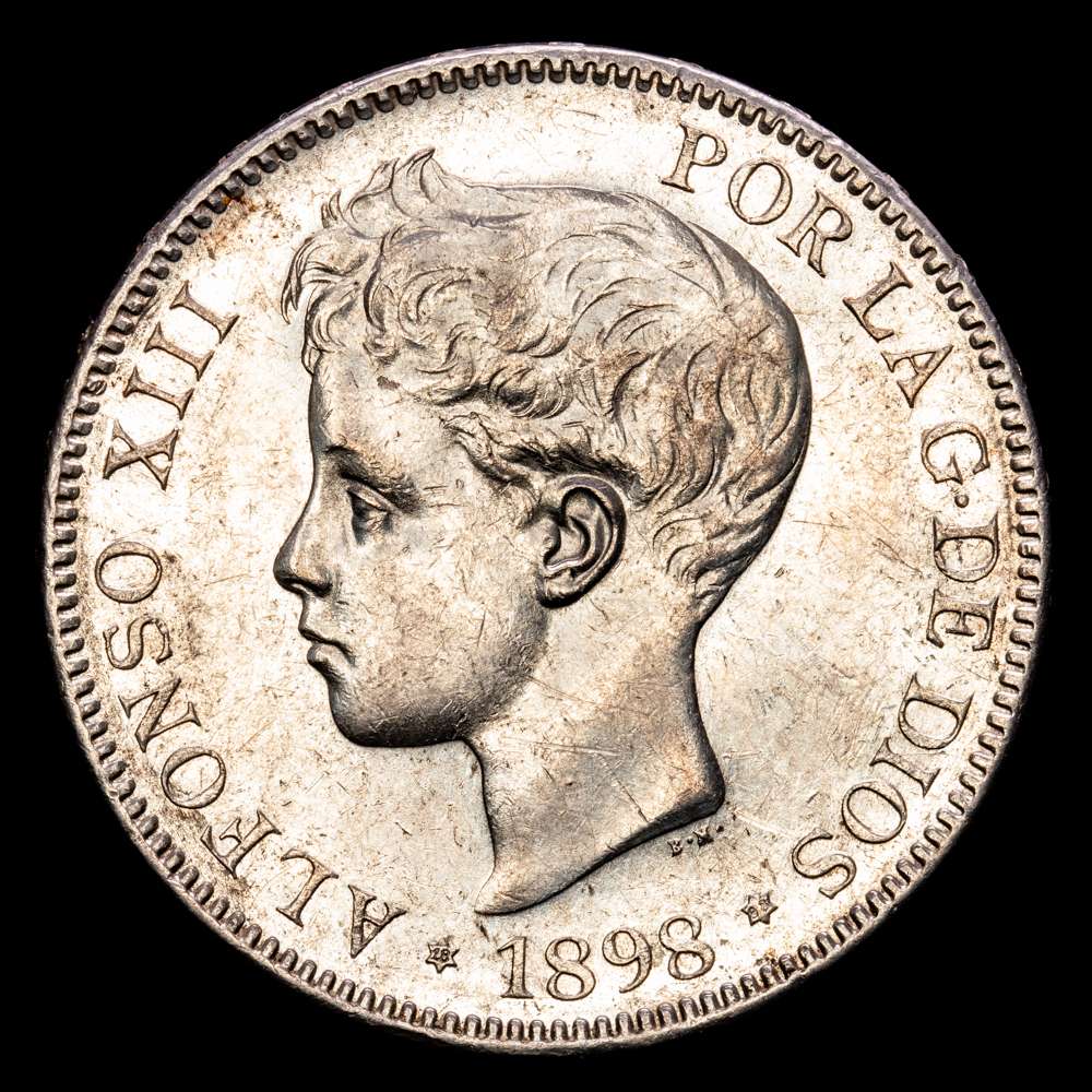 Centenario de la Peseta (1868-1931). Alfonso XIII (1886-1931). 5 pesetas. 1898*18-98. Madrid. SGV. (Cal-109). Ag.  24,97 gramos. Parte del brillo original. EBC/EBC+.