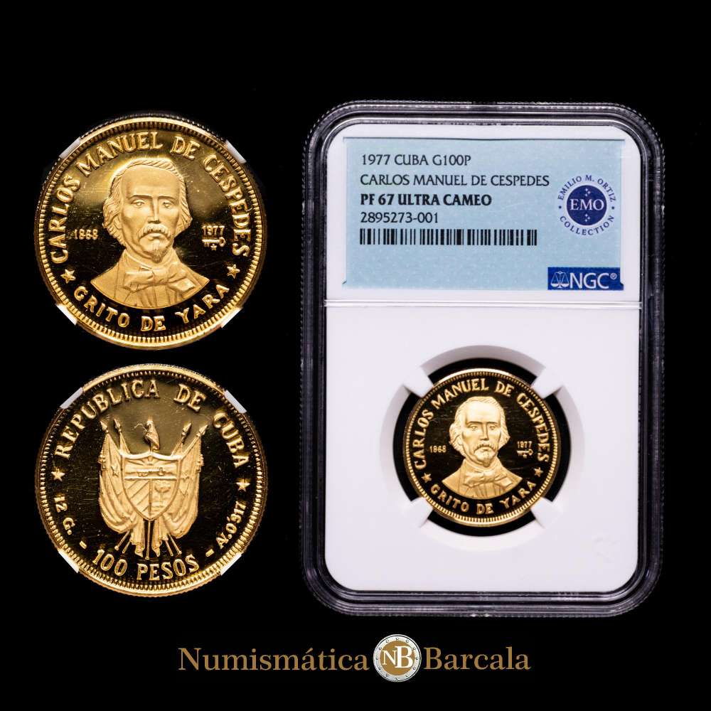 CUBA, Casa de la Moneda de La Habana, oro proof de 100 pesos, 1977, Carlos Manuel de Céspedes, NGC PF 67 Ultra Cameo (Etiqueta de la Colección EMO). KM-43; Fr-8. Atractivamente llamativa.