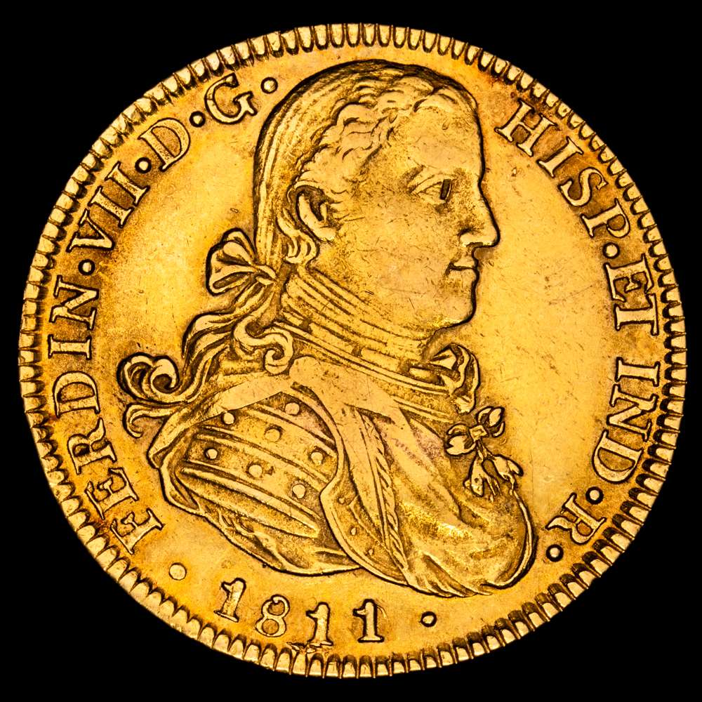 Fernando VII (1808-1833). 8 escudos. 1811/0. México. HJ. (Cal-1784). (Cal onza-1256). Au. 27,01 gramos.  Busto imaginario. Sobrefecha. MBC+.