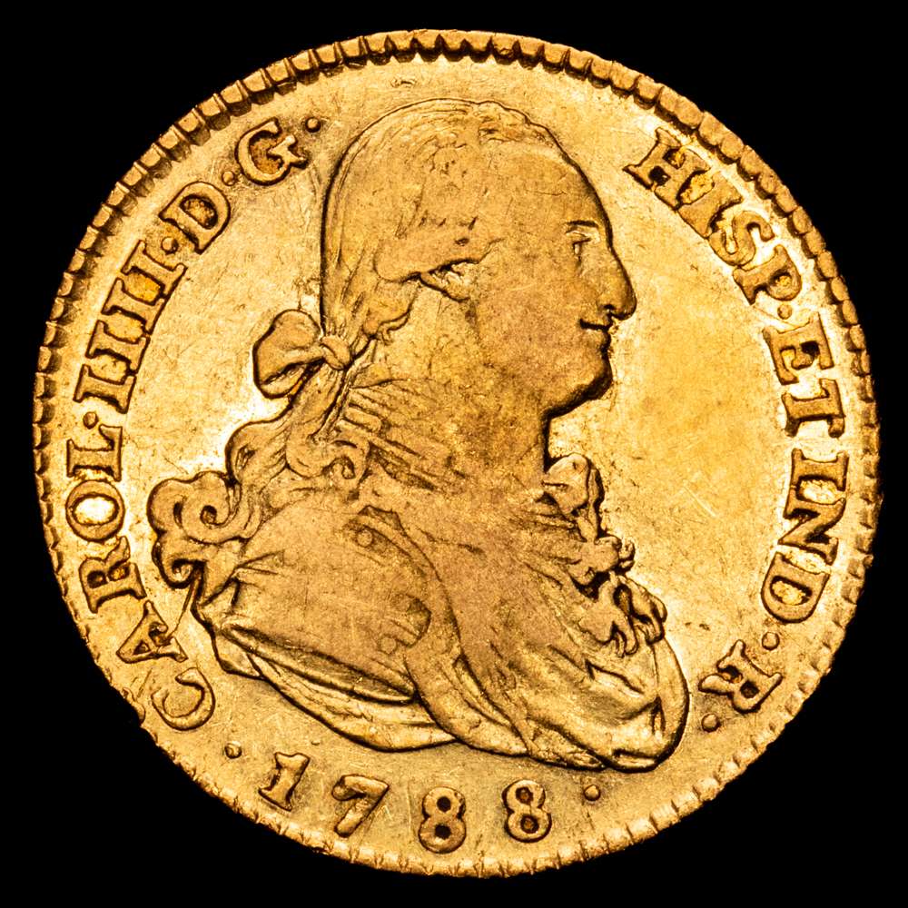 Carlos IV (1788-1808). 2 escudos. 1788. Madrid. MF. (Cal-1273). Au. 6,73 gramos. Restos de brillo originales. MBC/MBC+. Escasa.