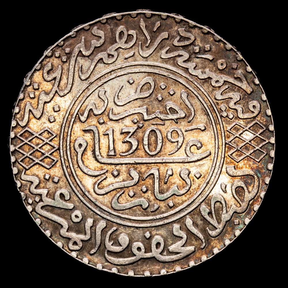 Marruecos. 1/2 Rial o 5 Dírhams, 1892, Hegira 1309, París. Moulay al-Hasan I. 14,54 g. plata 835. KM Y-7. XF/AU,