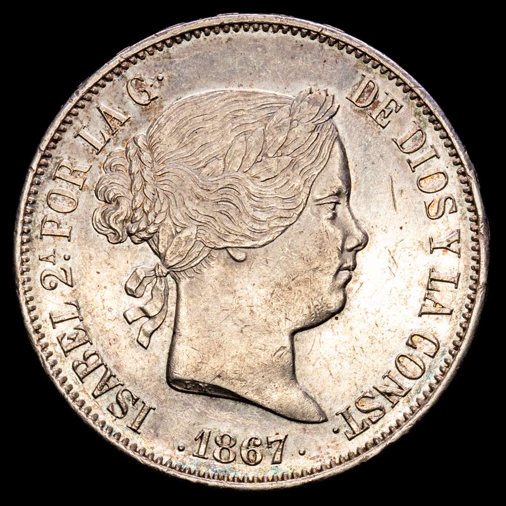 Isabel II (1833-1868). 2 escudos. 1867. Madrid. (Cal-647). Ag. 25,98 gramos. Suave tono. Buen ejemplar. EBC+.