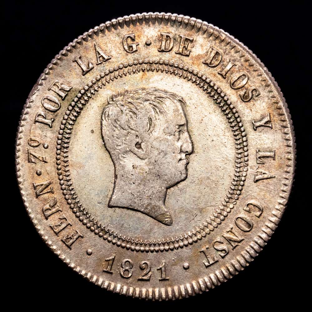 Fernando VII (1808-1833). 10 reales. 1821. Madrid. SR. (Cal-1088). Ag. 13,35 g. Tipo “Cabezón”. Módulo de 4 reales. Buen ejemplar para este tipo. Bonita pátina. Escasa así. MBC+/EBC-.