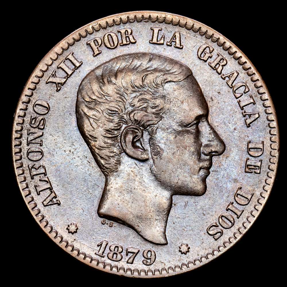 Alfonso XII. 10 Céntimos. (9,94 g.). Barcelona. 1879. Ensayador O·M. Aureo y Calicó-10. MBC+.