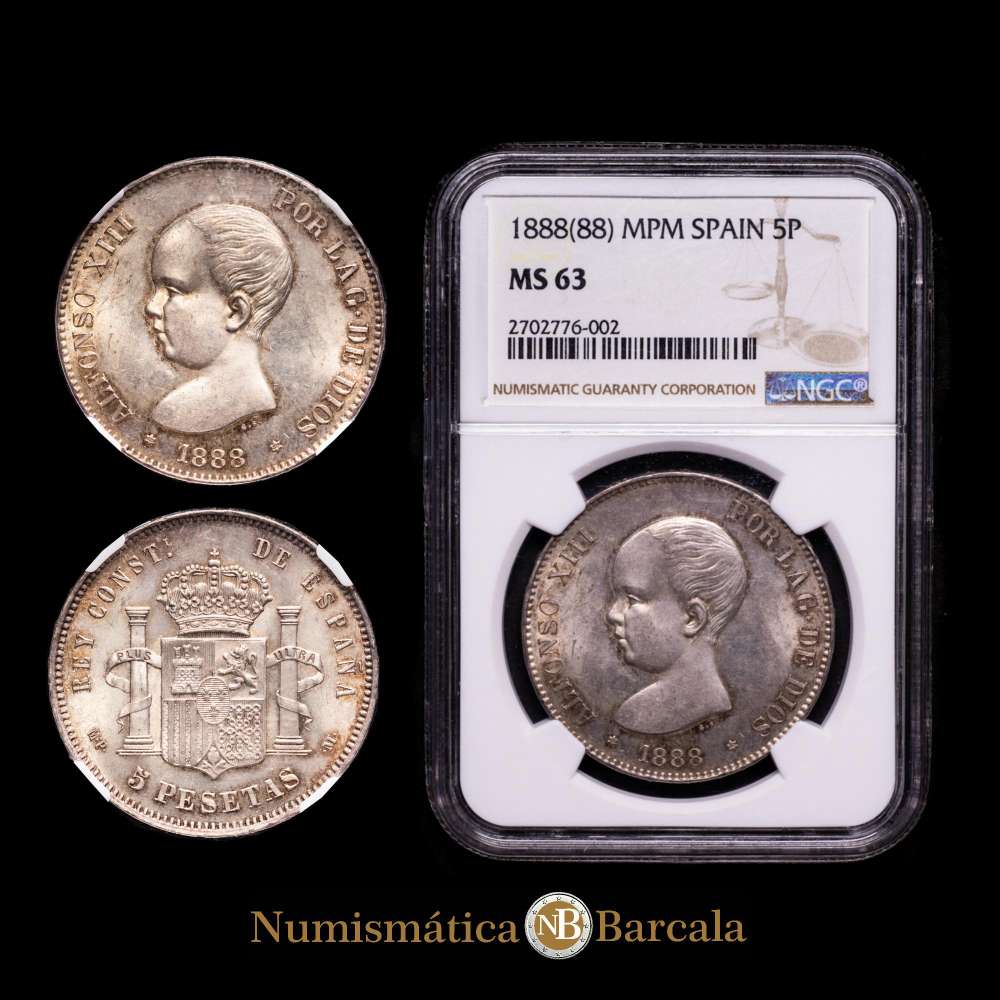 Alfonso XIII (1886-1931). 5 pesetas. 1888-18-88. Madrid. MPM. (Cal-92). Ag. 25,00 g. Gran parte del brillo original. Bellísima. Rara así. Encapsulada por NGC como MS63.
