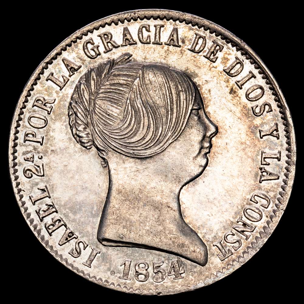 Isabel II (1833-1868). 10 reales. 1854. Barcelona. (Cal-509). Peso: 13,05 g. Restos de brillo original. Escasa. EBC.